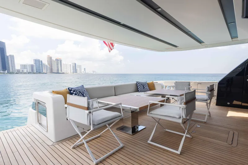 Slide: The Image of Luxurious 2024 Sanlorenzo SL90A yacht deck with modern seating, ocean view, and city skyline. - 18