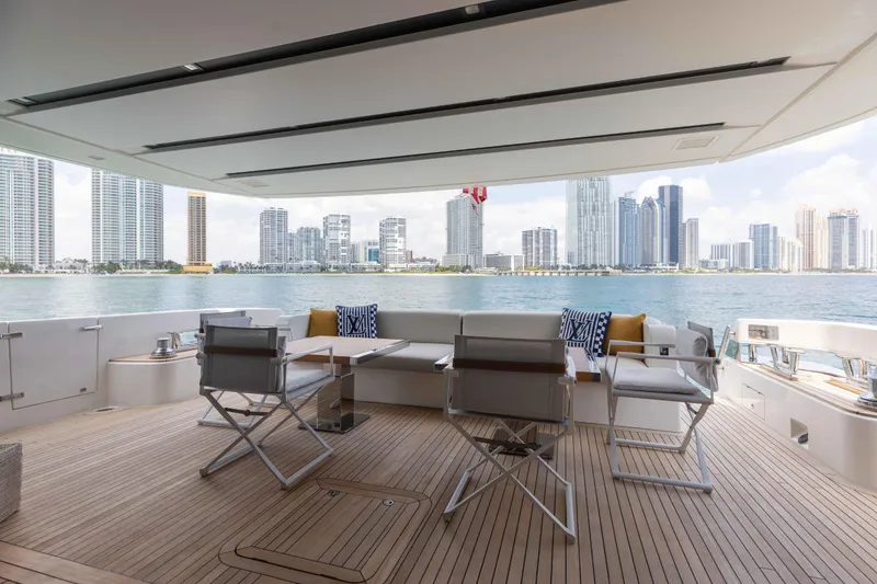 Slide: The Image of Luxurious 2024 Sanlorenzo SL90A yacht deck with city skyline view. - 19