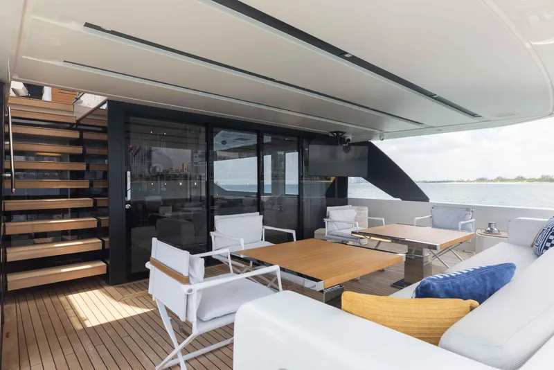 Slide: The Image of Luxurious 2024 Sanlorenzo SL90A yacht deck with modern seating and ocean view. - 20