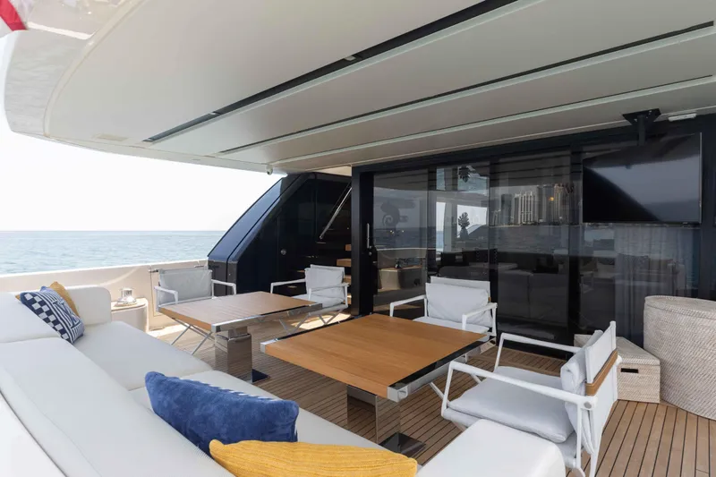 Slide: The Image of Luxurious 2024 Sanlorenzo SL90A yacht deck with modern seating and ocean view. - 22