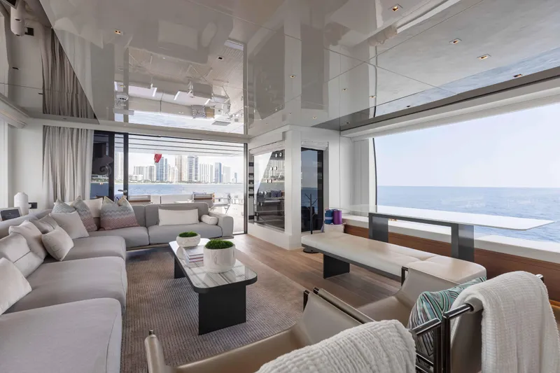 Slide: The Image of Luxurious interior of 2024 Sanlorenzo SL90A yacht with ocean view and modern furnishings. - 25