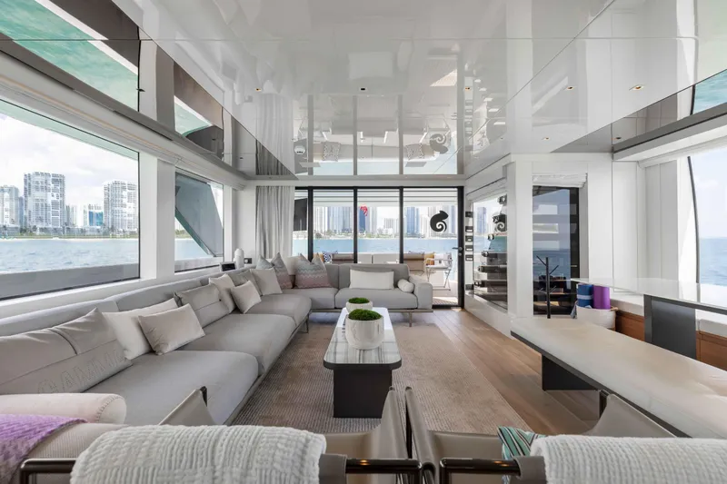 Slide: The Image of Luxurious interior of 2024 Sanlorenzo SL90A yacht with modern furnishings and panoramic windows. - 26