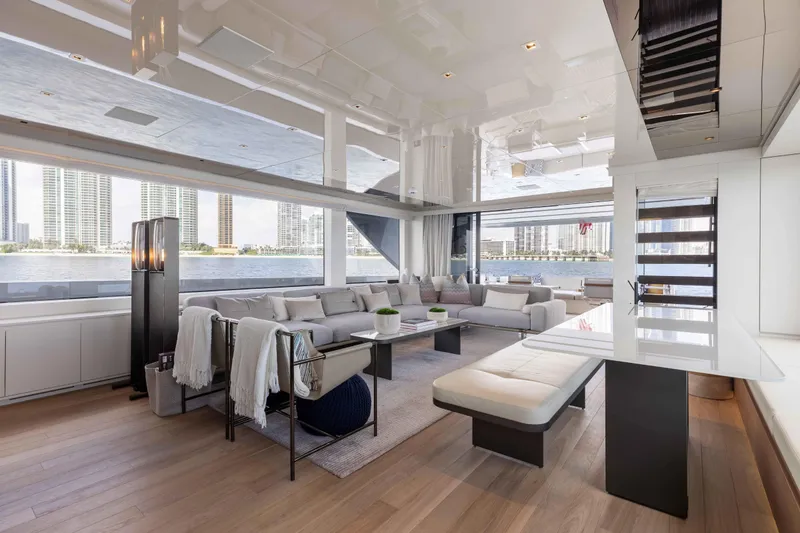 Slide: The Image of Luxurious interior of 2024 Sanlorenzo SL90A yacht with modern furnishings and waterfront view. - 29