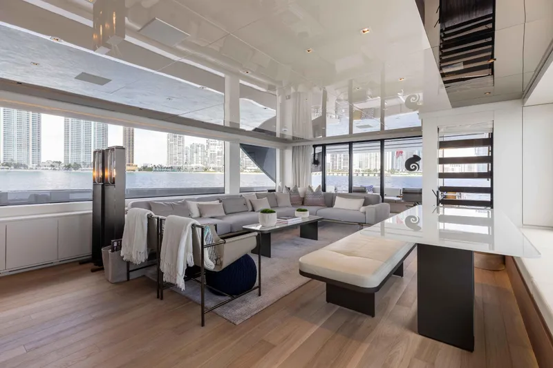 Slide: The Image of Luxurious interior of 2024 Sanlorenzo SL90A yacht with modern furnishings and waterfront view. - 30