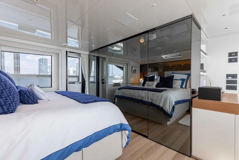 Slide: The Image of Luxurious bedroom interior of 2024 Sanlorenzo SL90A yacht with modern design and waterfront view. - 37