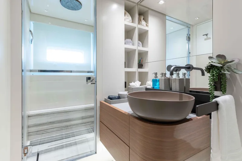 Slide: The Image of Luxurious bathroom in 2024 Sanlorenzo SL90A yacht with modern fixtures and elegant design. - 48