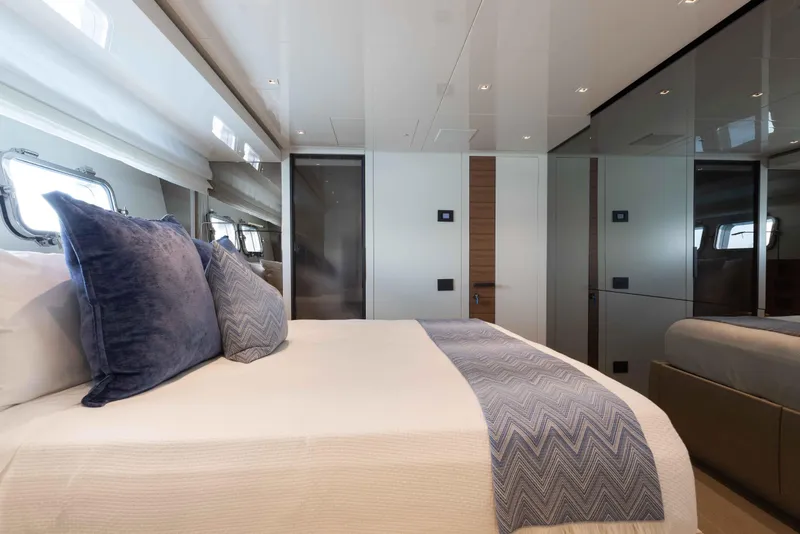 Slide: The Image of Luxurious bedroom interior of 2024 Sanlorenzo SL90A yacht with elegant bedding and modern design. - 51