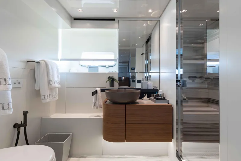 Slide: The Image of Luxurious bathroom in 2024 Sanlorenzo SL90A yacht with modern fixtures and elegant design. - 55