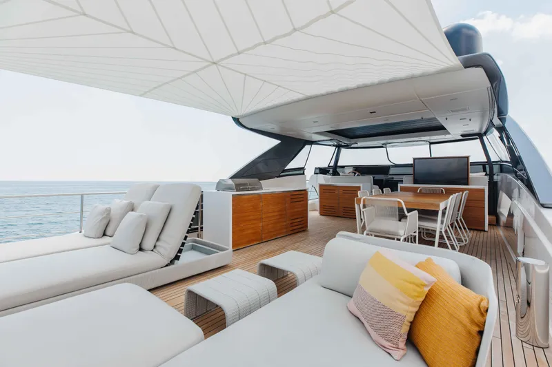 Slide: The Image of Luxurious 2024 Sanlorenzo SL90A yacht deck with elegant seating and ocean view. - 67