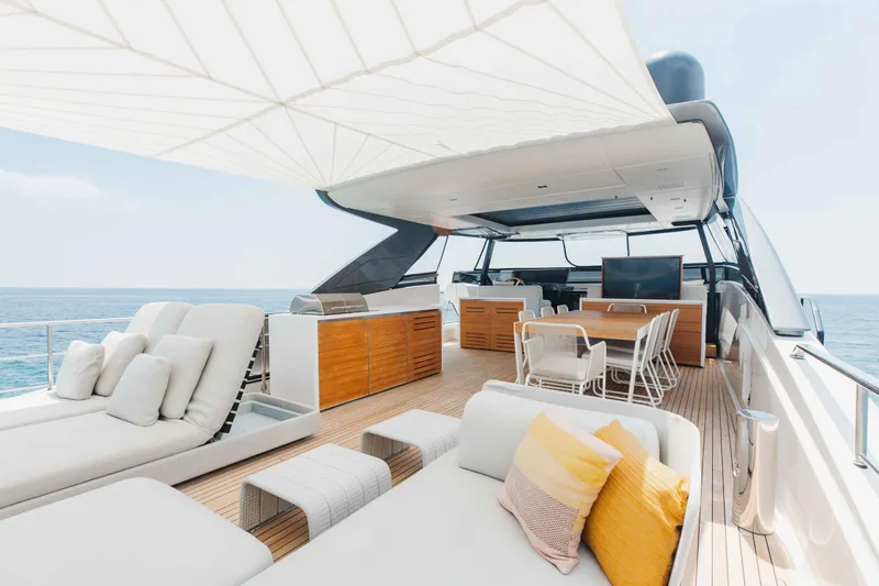 Slide: The Image of Luxurious 2024 Sanlorenzo SL90A yacht deck with modern seating and ocean view. - 71