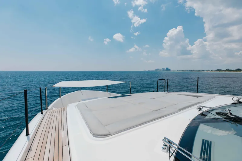 Slide: The Image of Luxurious 2024 Sanlorenzo SL90A yacht deck with ocean view and clear skies. - 80