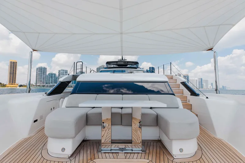 Slide: The Image of Luxurious 2024 Sanlorenzo SL90A yacht deck with modern seating and city skyline view. - 83