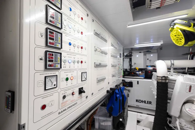 Slide: The Image of Control room of 2024 Sanlorenzo SL90A yacht with Kohler generator and control panels. - 94