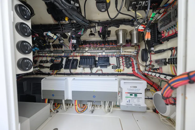 Slide: The Image of Electrical system of a 2021 SeaVee 390Z boat, showcasing wiring and components. - 14
