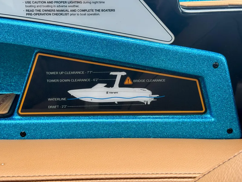 Slide: The Image of 2024 Varatti Z2373 boat clearance and draft specifications label. - 20