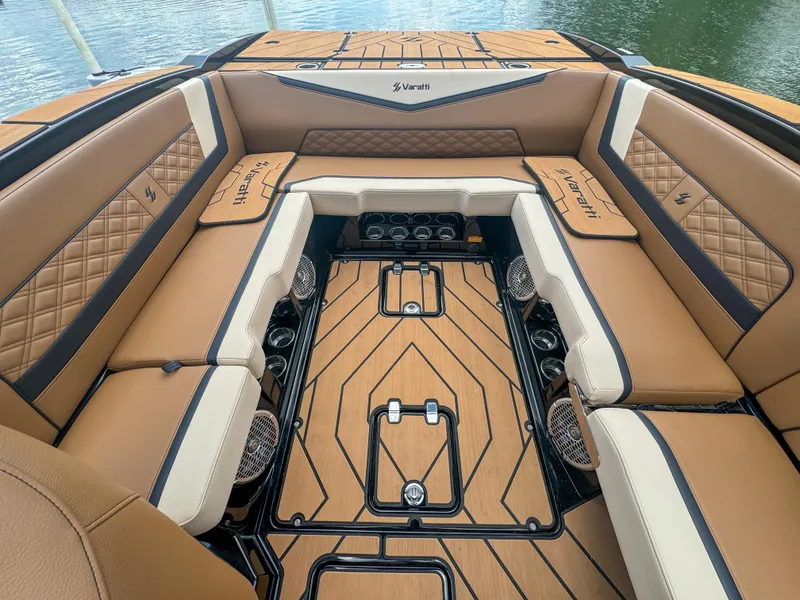 Slide: The Image of 2024 Varatti Z2373 boat interior with tan leather seating and diamond stitching. - 29