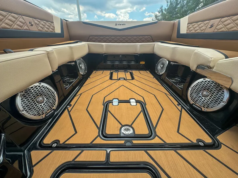 Slide: The Image of 2024 Varatti Z2373 boat interior with premium seating and advanced audio system. - 30