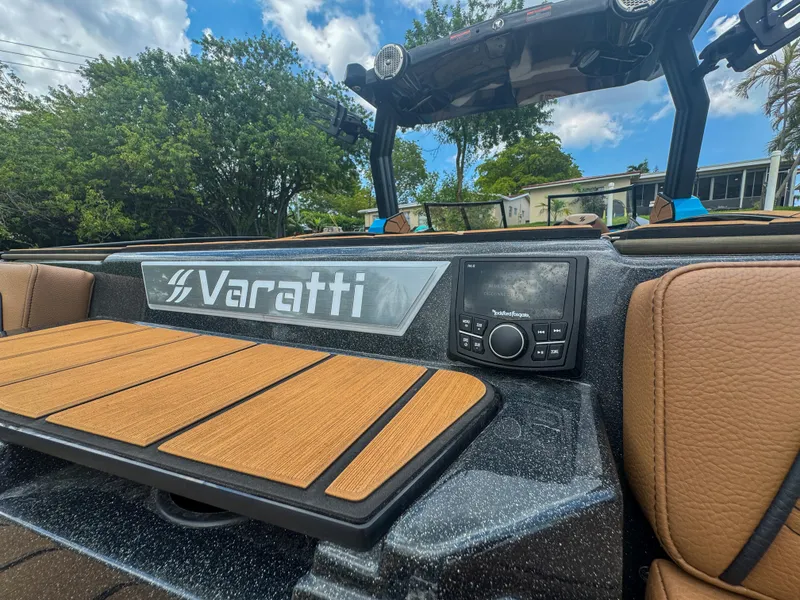 Slide: The Image of 2024 Varatti Z2373 boat interior with audio system and seating. - 36