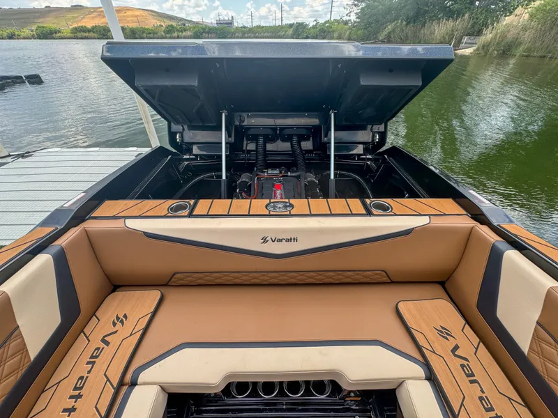 Slide: The Image of 2024 Varatti Z2373 boat with open engine compartment at dock. - 38