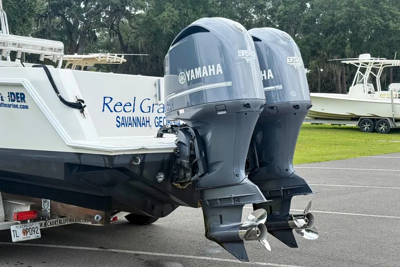 Slide: The Image of 2008 Contender 31 Tournament boat with twin Yamaha 350 engines on a trailer. - 37