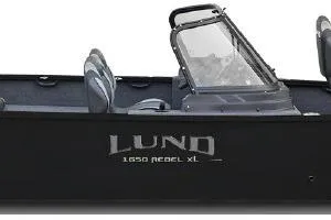 Slide: The Image of 2026 Lund 1650 Rebel XL Sport boat, side view with windshield and seating. - 29