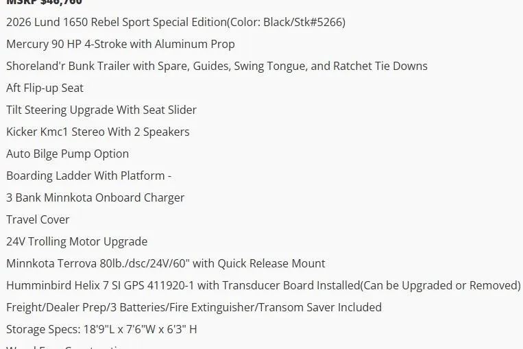 Slide: The Image of 2026 Lund 1650 Rebel XL Sport features and specifications list with pricing details. - 6