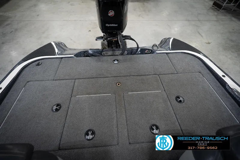 Slide: The Image of 2015 Triton 18TRX boat deck with OptiMax engine, showcased at Reeder Trausch Marine. - 19