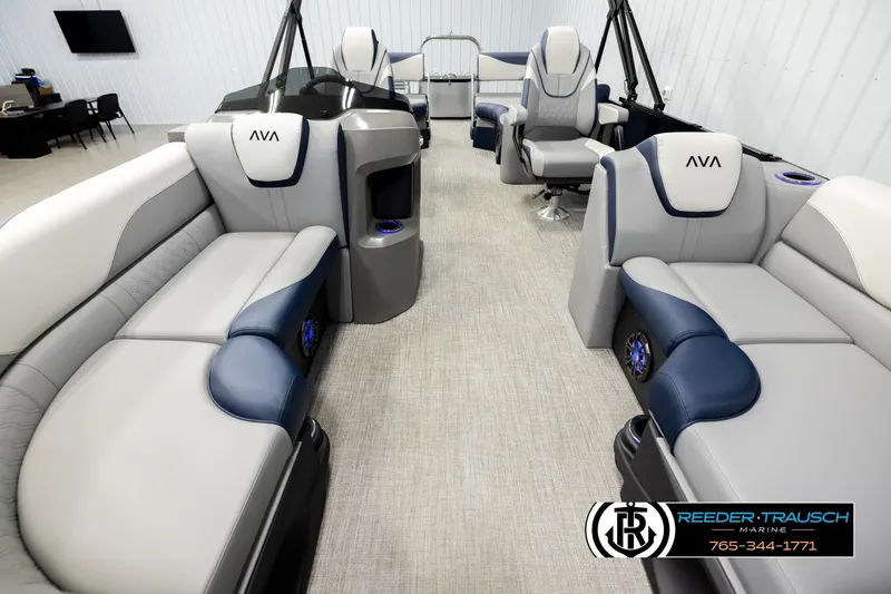 Slide: The Image of Luxurious 2026 Avalon LSZ QLS pontoon boat interior with plush seating and modern design. - 13