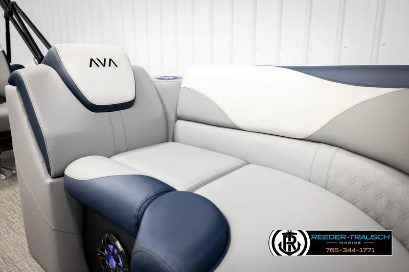 Slide: The Image of Luxurious seating in 2026 Avalon LSZ QLS boat, featuring elegant blue and white upholstery. - 44