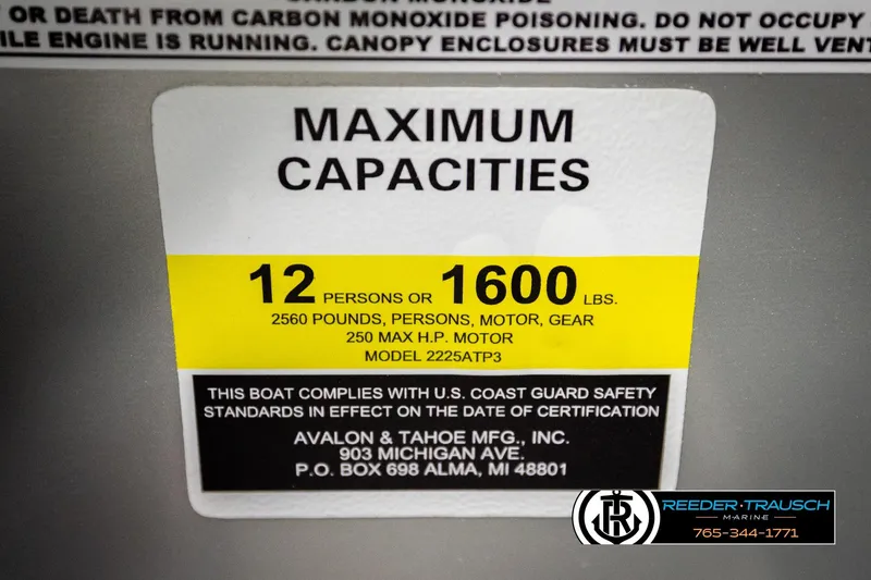 Slide: The Image of Maximum capacity label for Avalon LSZ QLS 2026 boat, 12 persons or 1600 lbs. - 57