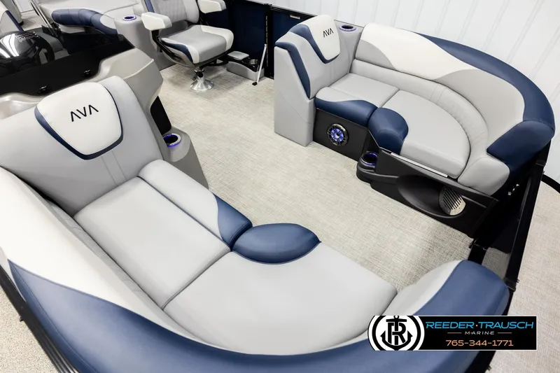 Slide: The Image of Luxurious interior of 2026 Avalon LSZ QLS pontoon boat with plush seating and modern design. - 9