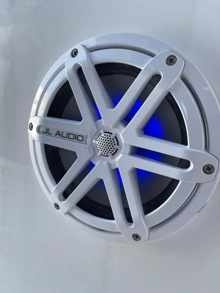 Slide: The Image of White JL Audio speaker with blue LED light on a 2019 Blackfin 272 CC boat. - 25