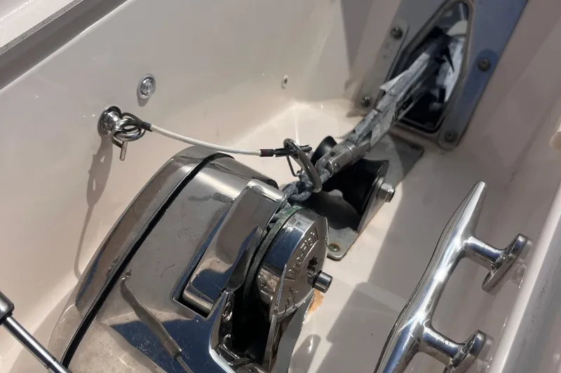 Slide: The Image of 2020 Grady-White Canyon 326 boat anchor winch and cleat detail. - 34