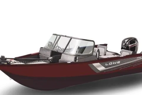 The Image of 2026 Lowe 1875 FM WT boat, sleek design, maroon color, equipped with Mercury outboard motor. - 1