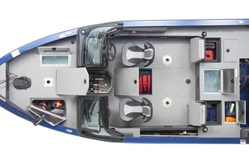 Slide: The Image of Top view of 2026 Lowe 1875 FM WT boat interior layout with seating and storage. - 3
