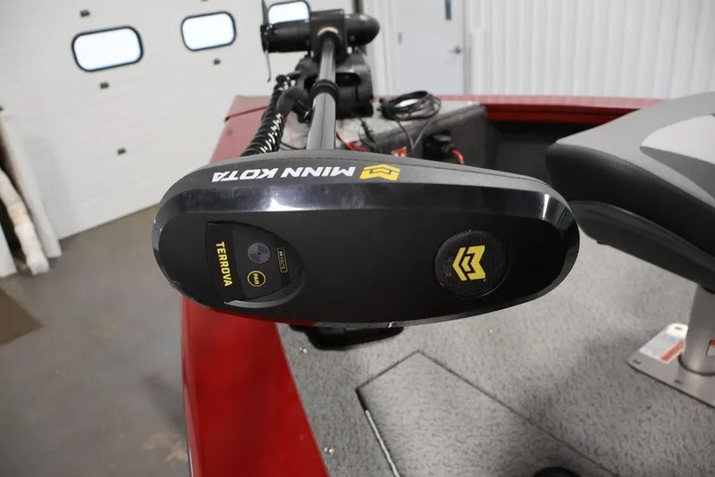 Slide: The Image of 2026 Lowe Fishing Machine 1875 with Minn Kota Terrova trolling motor in a garage. - 10