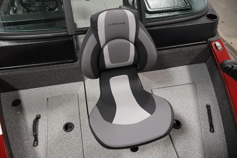 Slide: The Image of 2026 Lowe Fishing Machine 1875 boat seat, gray and black design, interior view. - 13