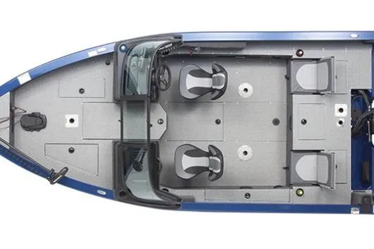 Slide: The Image of 2026 Lowe Fishing Machine 1875 boat in a garage, rear view with dual outboard motors. - 2