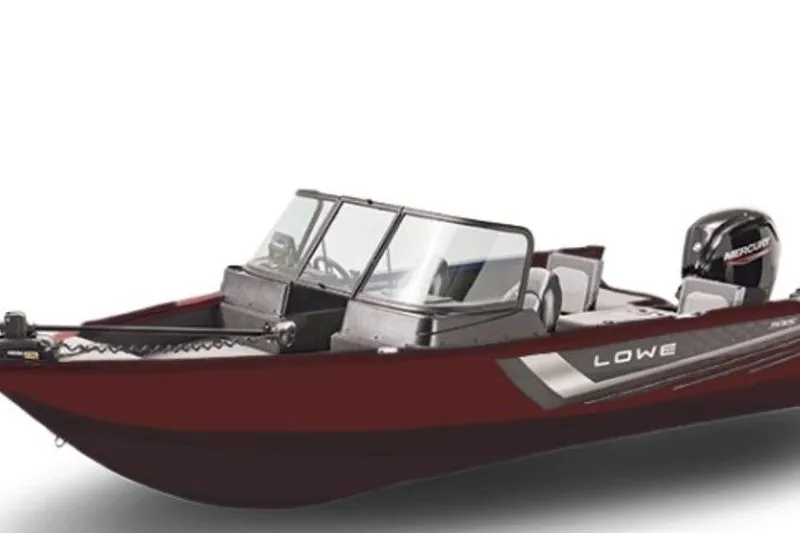 Slide: The Image of 2026 Lowe Fishing Machine 1875 boat, red exterior, dual consoles, Mercury outboard motor. - 52