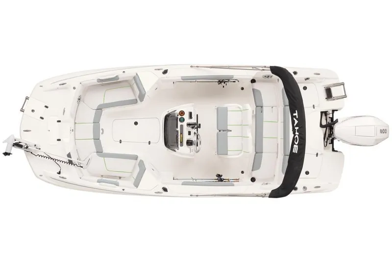 Slide: The Image of 2020 Tahoe 2150 CC boat, top view, showcasing seating and control layout. - 24