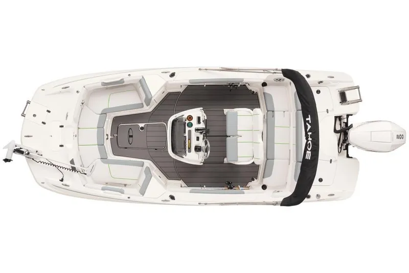 Slide: The Image of 2020 Tahoe 2150 CC boat, top view, showcasing spacious deck and seating arrangement. - 27