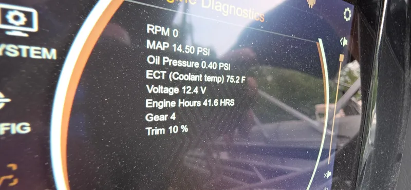Slide: The Image of Dashboard diagnostics of 2024 Regency 230 LE3 Sport showing engine metrics and settings. - 10