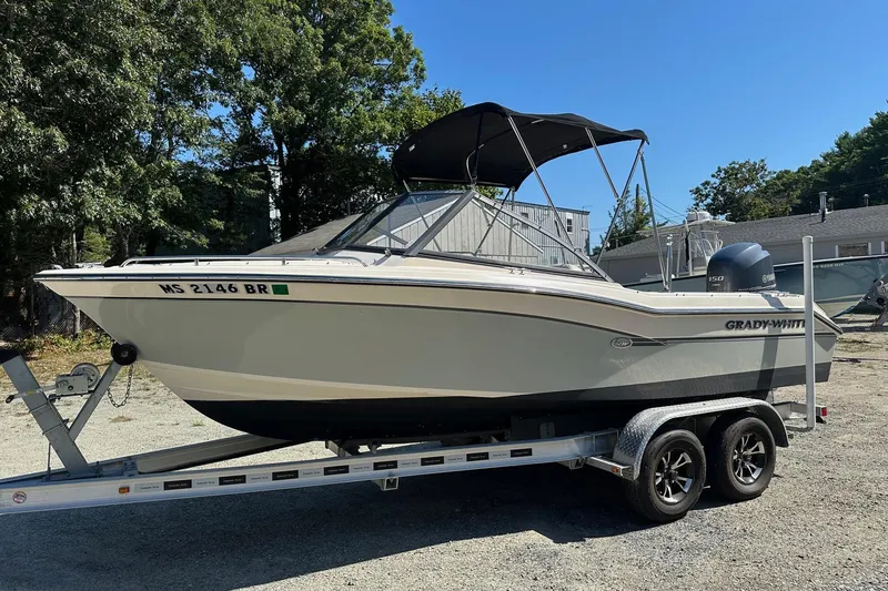 Slide: The Image of 2015 Grady-White Freedom 192 boat on trailer, parked outdoors under clear sky. - 2