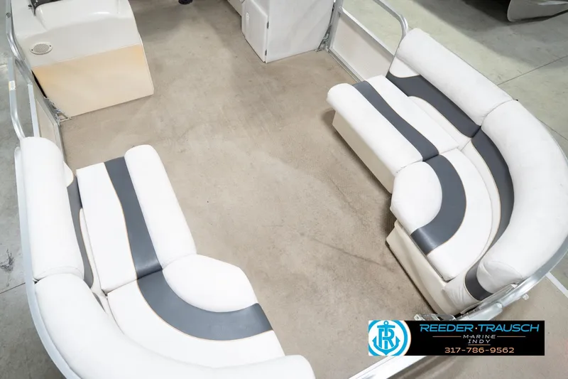 Slide: The Image of 2008 Misty Harbor 2085CR pontoon boat interior with white and gray seating arrangement. - 13