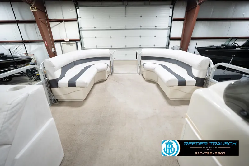 Slide: The Image of Interior of a 2008 Misty Harbor 2085CR pontoon boat with white and gray seating. - 20