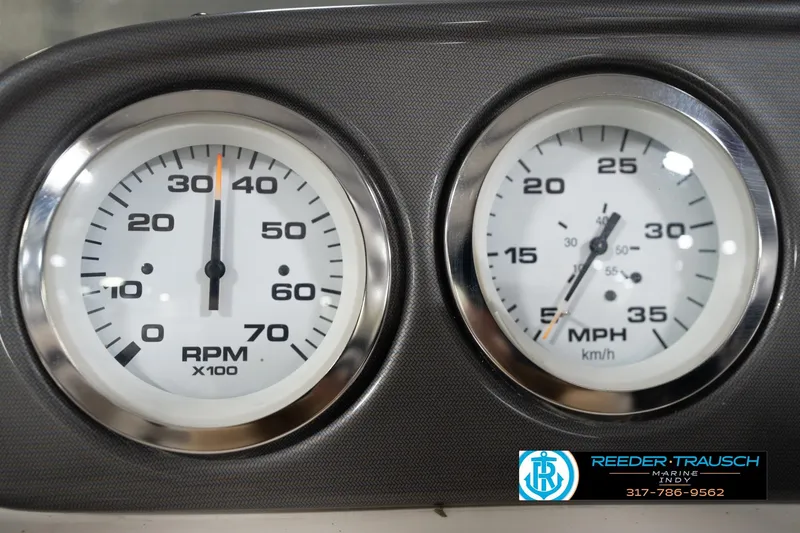 Slide: The Image of Close-up of 2008 Misty Harbor 2085CR boat gauges showing RPM and speed in MPH. - 30