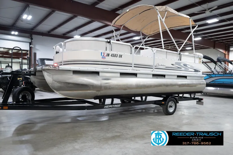 Slide: The Image of 2008 Misty Harbor 2085CR pontoon boat on trailer in indoor showroom. - 4