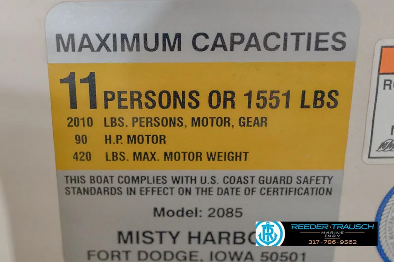 Slide: The Image of 2008 Misty Harbor 2085CR capacity label: 11 persons or 1551 lbs, 90 HP motor. - 52
