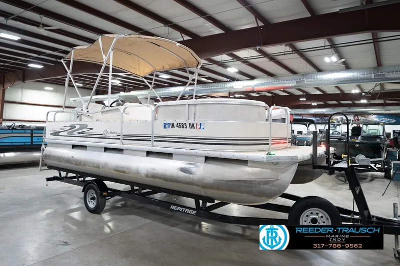 Slide: The Image of 2008 Misty Harbor 2085CR pontoon boat on trailer in indoor showroom. - 6