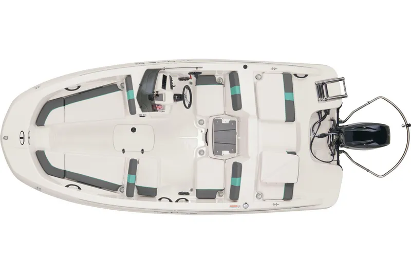 Slide: The Image of 2026 Tahoe T16 boat interior with gray and red seating, steering wheel, and storage compartments. - 4